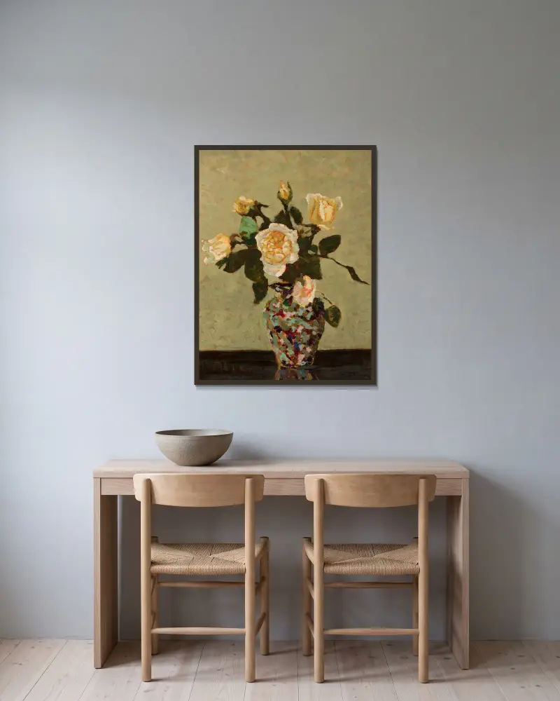 Teerosen und Blumenvasen aus Murano von Jan Bohuszewicz gerahmt an einer Wand