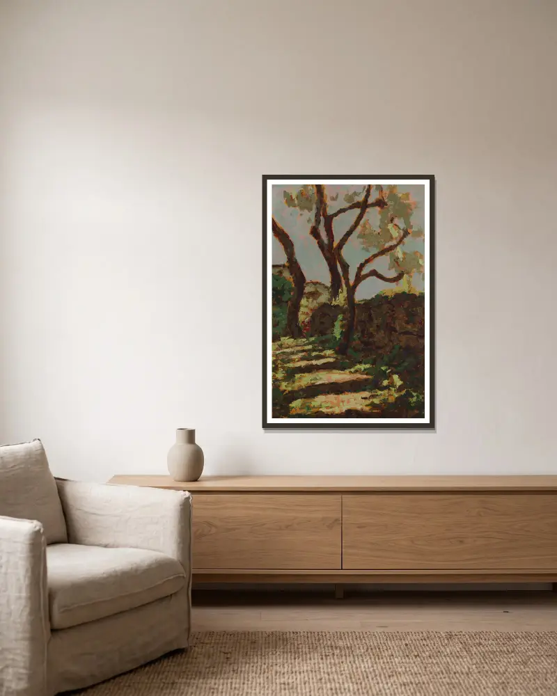 Bergauf in der Sonne von Jan Bohuszewicz gerahmt an einer Wand