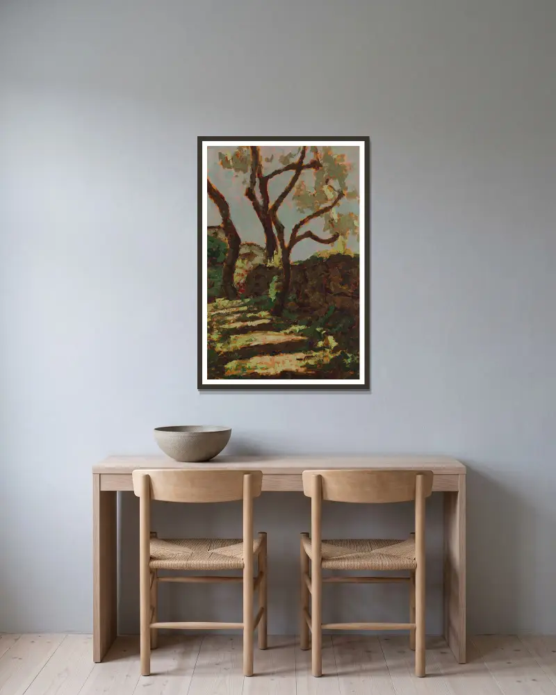 Bergauf in der Sonne von Jan Bohuszewicz gerahmt an einer Wand