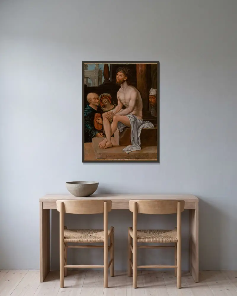 Christus auf dem kalten Stein von Jan Gossaert gerahmt an einer Wand