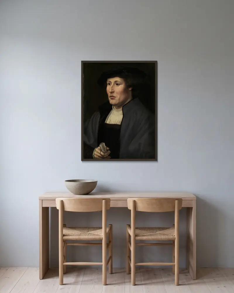 Porträtt av en man, 1520 av Jan Gossaert inramad på en vägg
