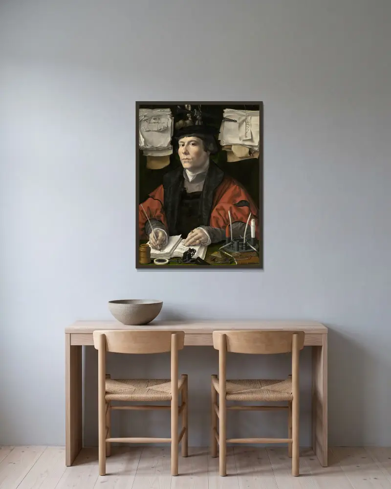 Porträtt av en köpman av Jan Gossaert inramad på en vägg