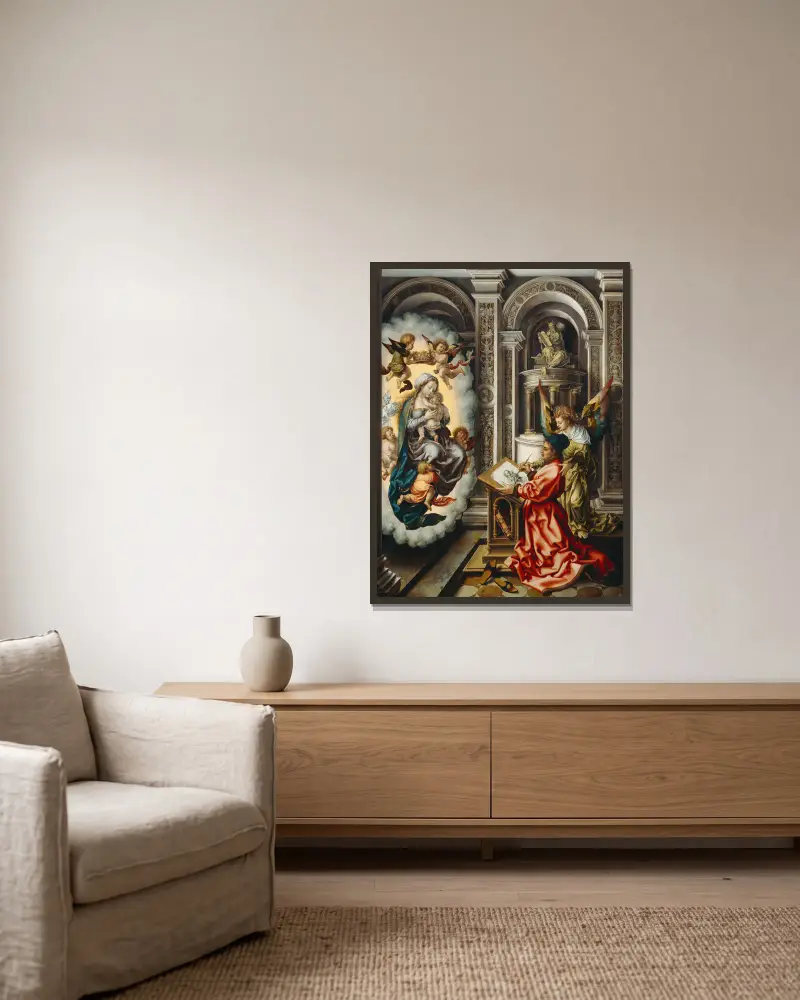 Sankt Lukas målar madonnan av Jan Gossaert inramad på en vägg
