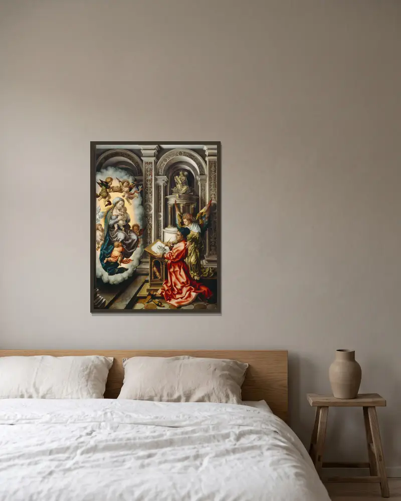 Sankt Lukas målar madonnan av Jan Gossaert inramad på en vägg