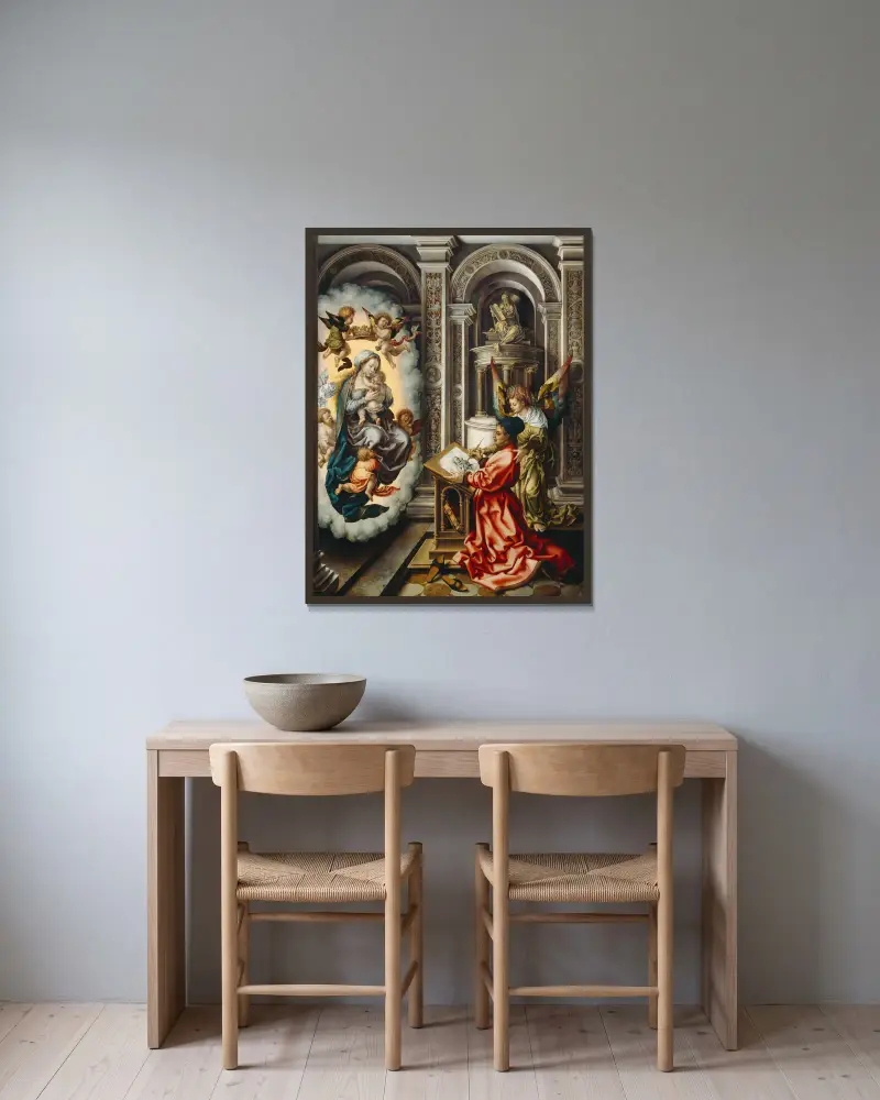 Sankt Lukas målar madonnan av Jan Gossaert inramad på en vägg