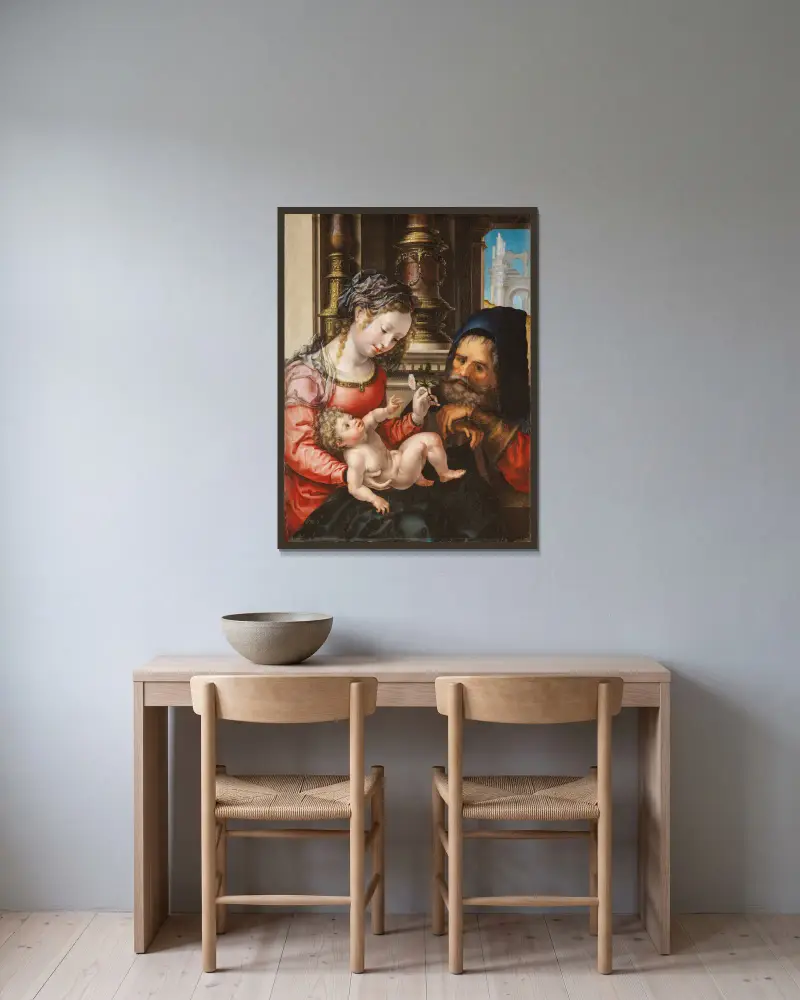 The Holy Family, 1525 av Jan Gossaert inramad på en vägg