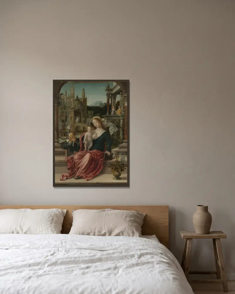 The Holy Family, 1507 av Jan Gossaert inramad på en vägg