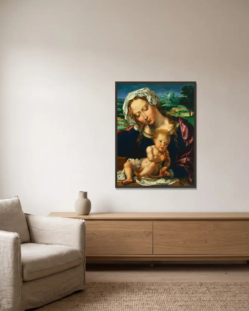 Virgin and Child in a Landscape av Jan Gossaert inramad på en vägg