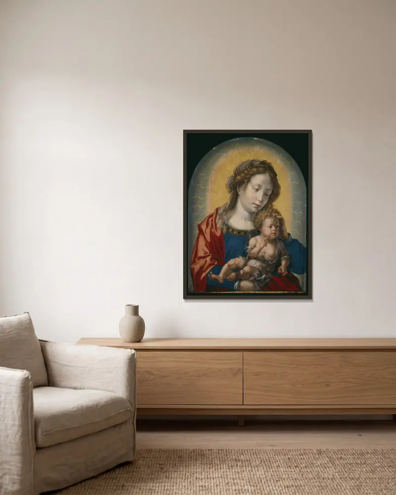 Madonna mit Kind von Jan Gossaert gerahmt an einer Wand