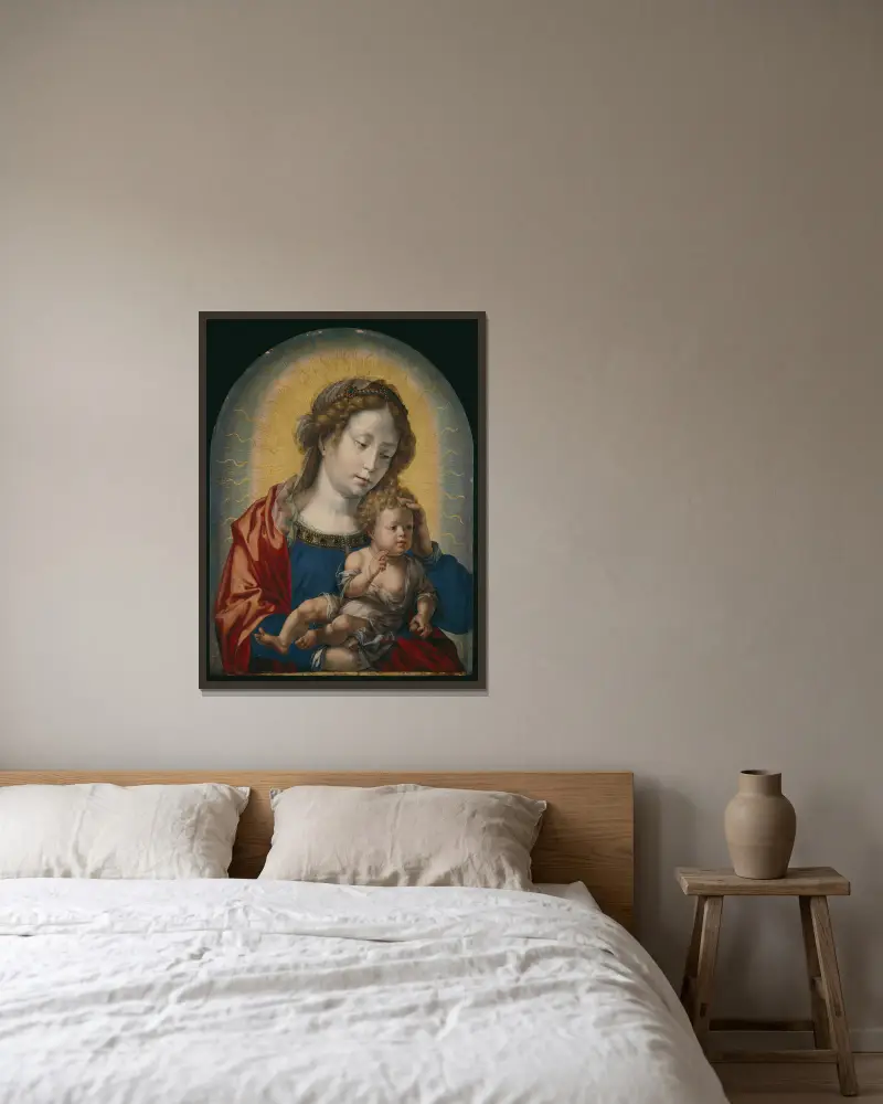 Madonna mit Kind von Jan Gossaert gerahmt an einer Wand