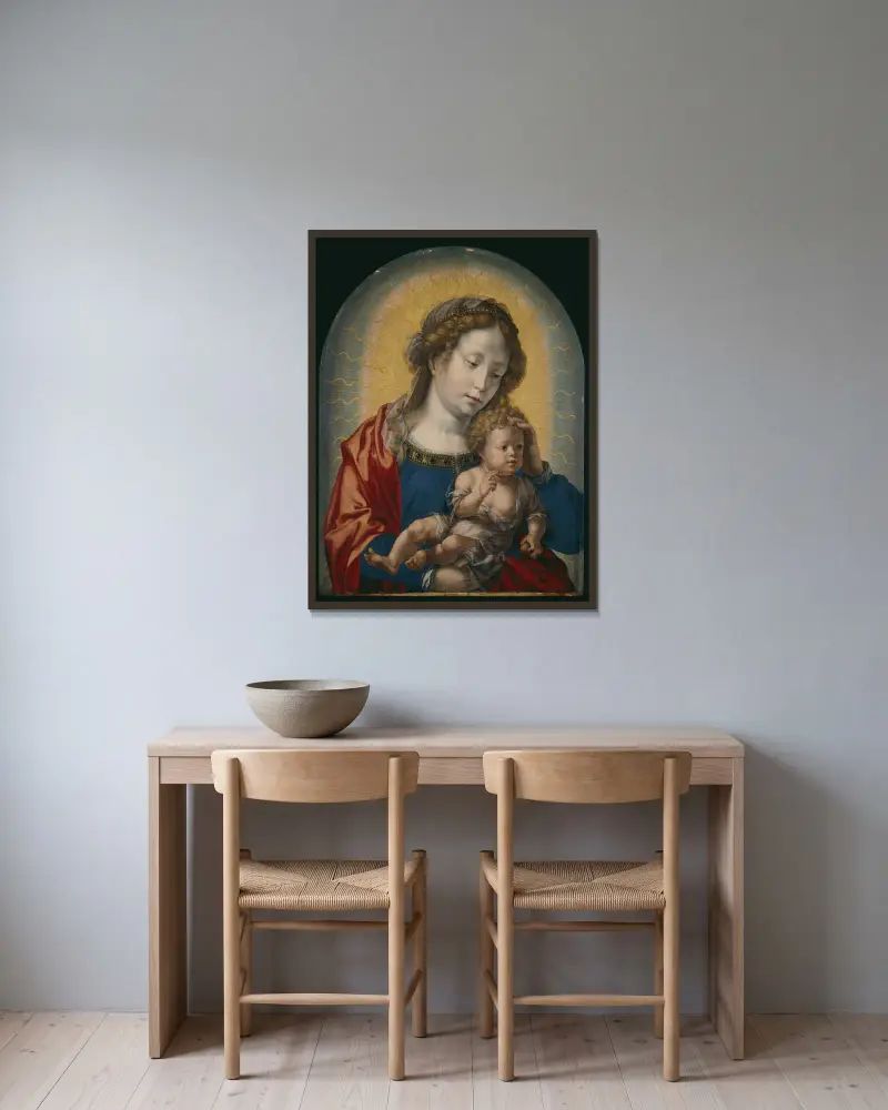 Madonna mit Kind von Jan Gossaert gerahmt an einer Wand
