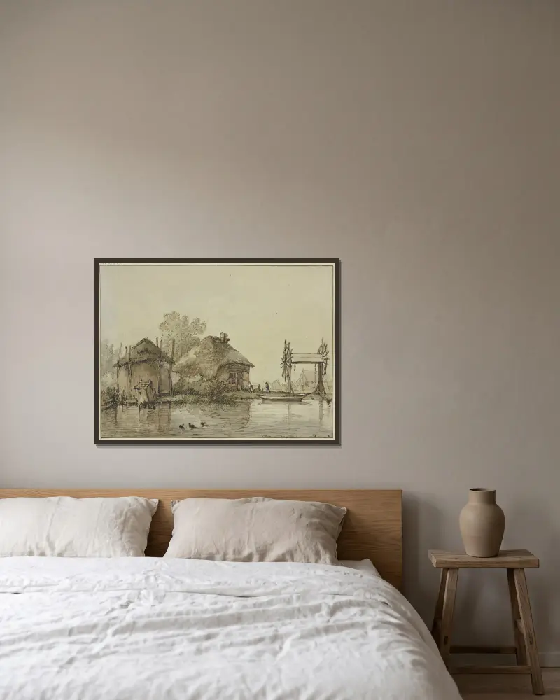 Ett hus med lada vid en kanal och en sluss med två hjul av Jan Hulswit inramad på en vägg