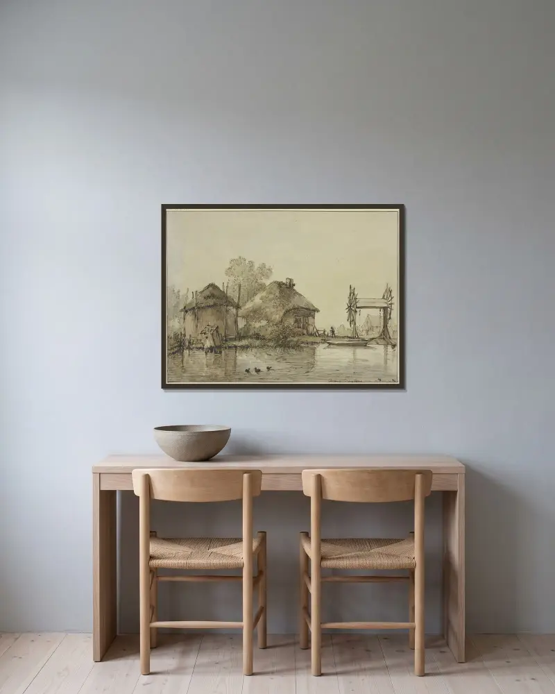 Ett hus med lada vid en kanal och en sluss med två hjul av Jan Hulswit inramad på en vägg
