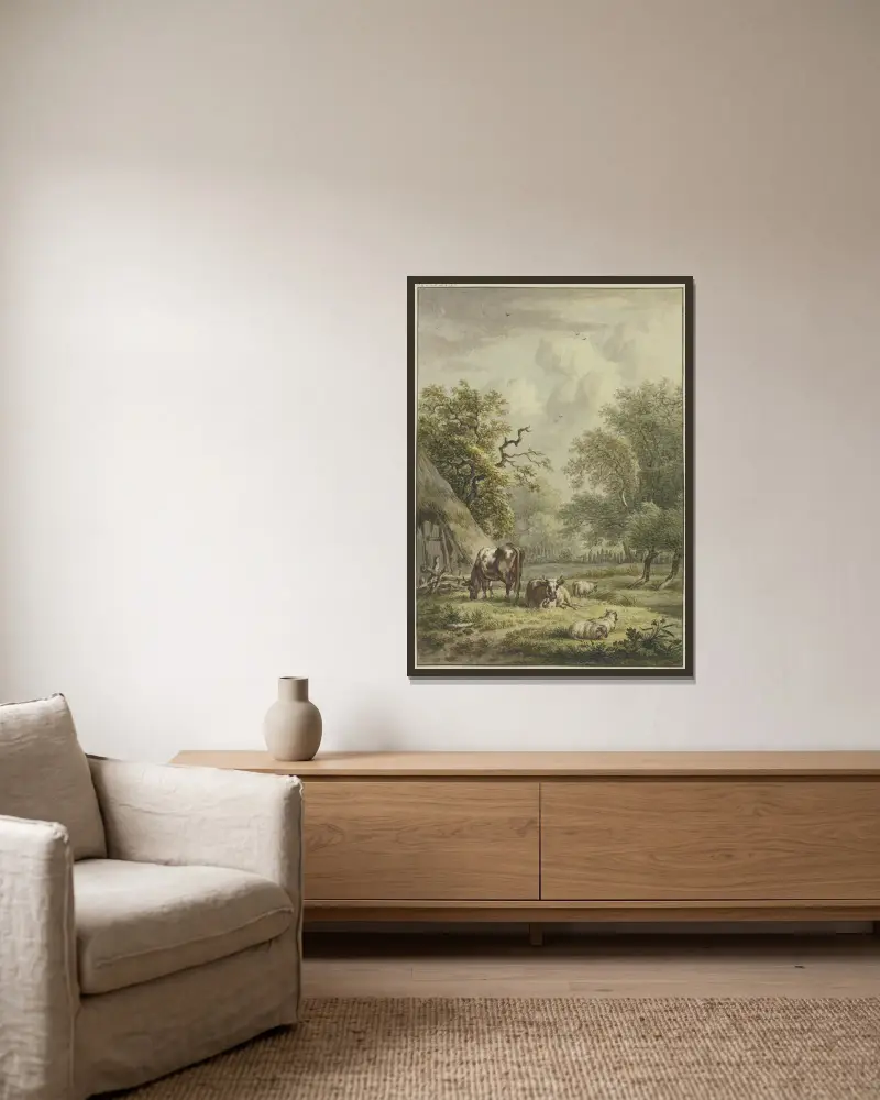 Bei einer Hütte weiden zwei Kühe und drei Schafe von Jan Hulswit gerahmt an einer Wand