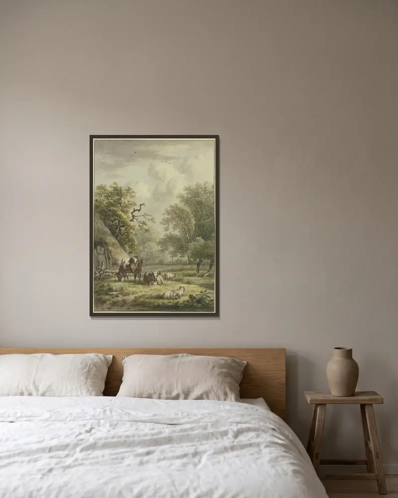 Bei einer Hütte weiden zwei Kühe und drei Schafe von Jan Hulswit gerahmt an einer Wand