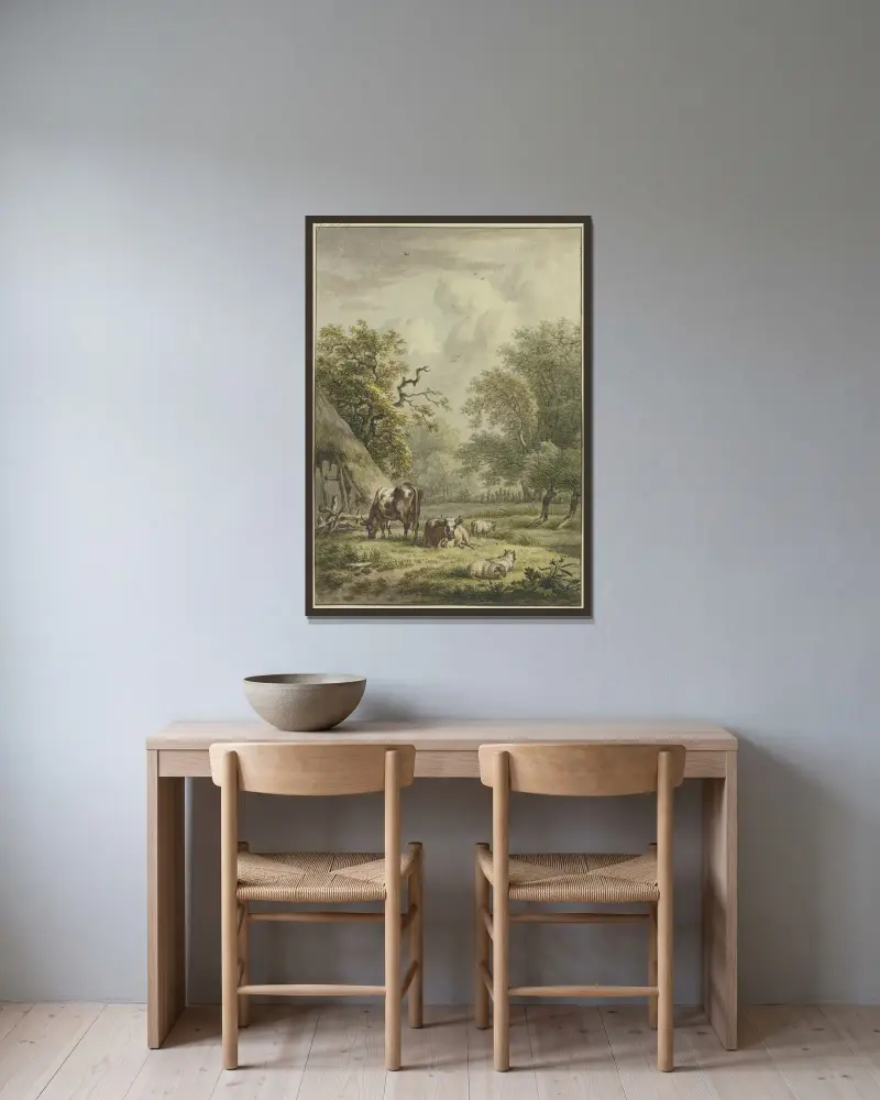 Bei einer Hütte weiden zwei Kühe und drei Schafe von Jan Hulswit gerahmt an einer Wand
