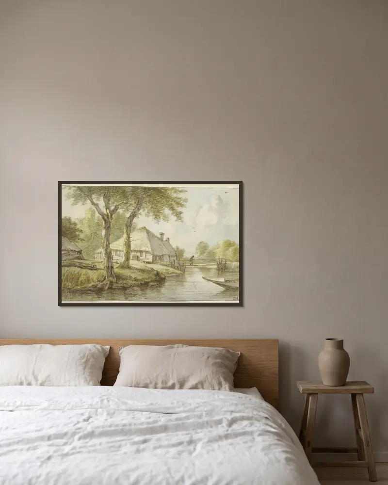 Vid två träd ett hus vid vattnet, en spång, till höger spetsen av en eka av Jan Hulswit inramad på en vägg