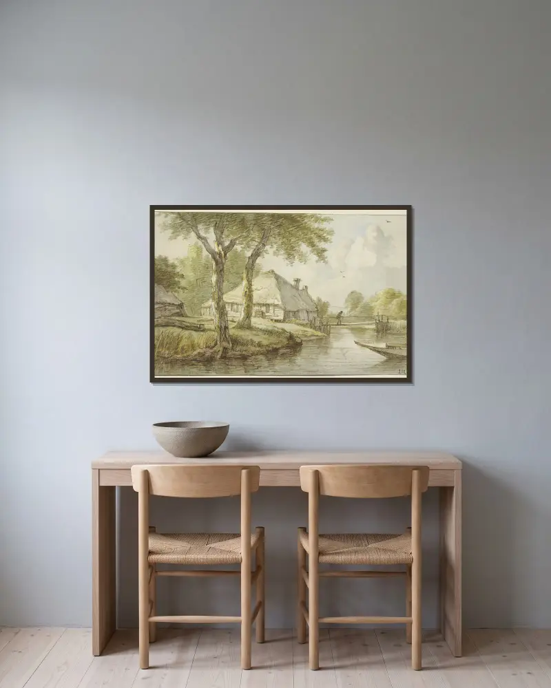 Vid två träd ett hus vid vattnet, en spång, till höger spetsen av en eka av Jan Hulswit inramad på en vägg
