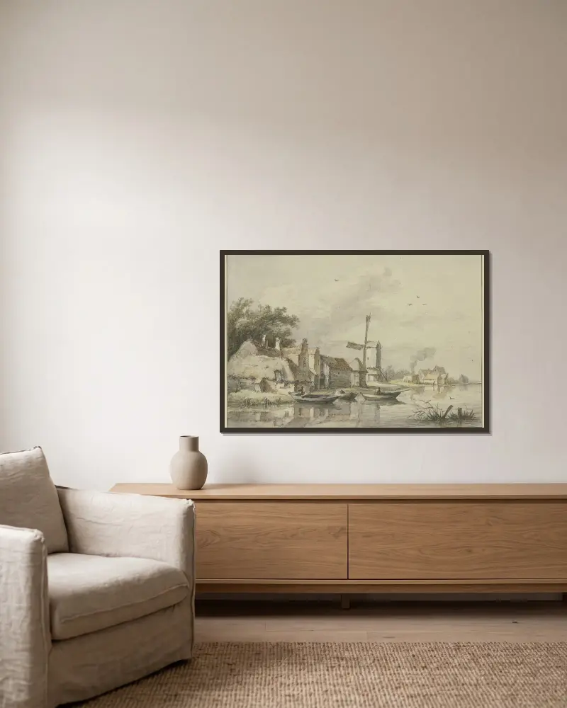 Dorf mit einer Windmühle am Wasser von Jan Hulswit gerahmt an einer Wand
