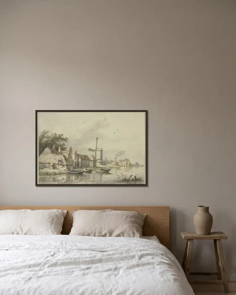 Dorf mit einer Windmühle am Wasser von Jan Hulswit gerahmt an einer Wand