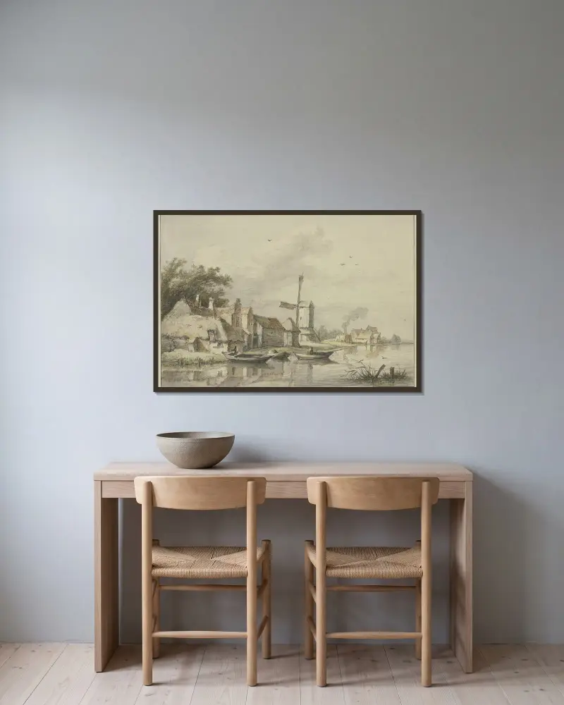 Dorf mit einer Windmühle am Wasser von Jan Hulswit gerahmt an einer Wand