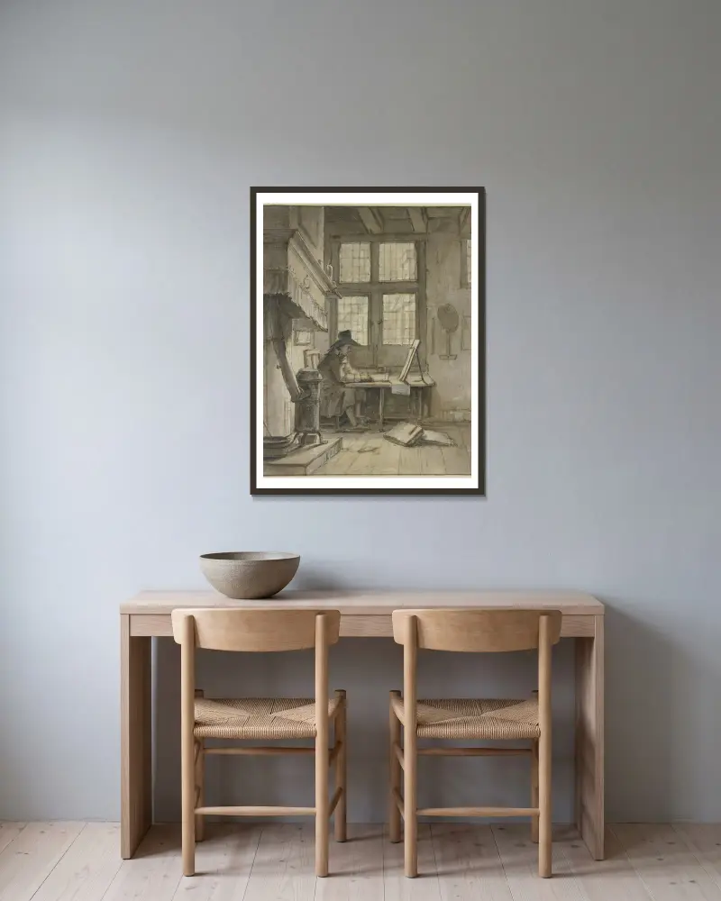 Ein Maler in seinem Atelier (Selbstbildnis) av Jan Hulswit inramad på en vägg