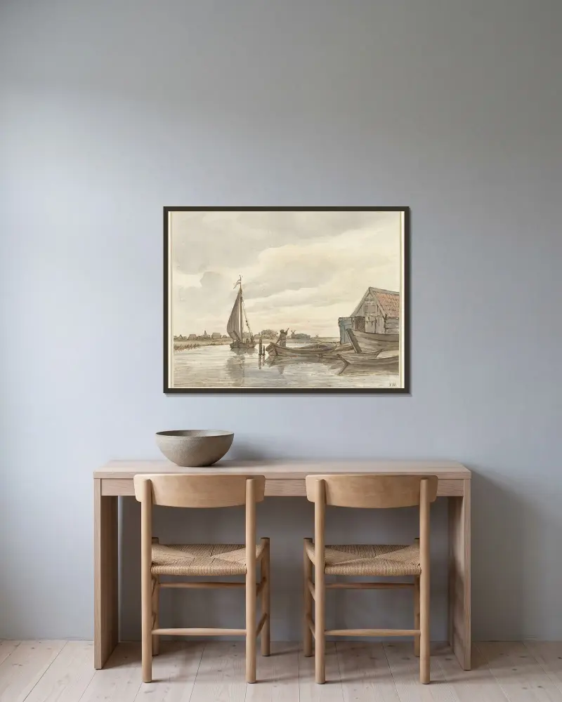 Några små båtar i en kanal av Jan Hulswit inramad på en vägg