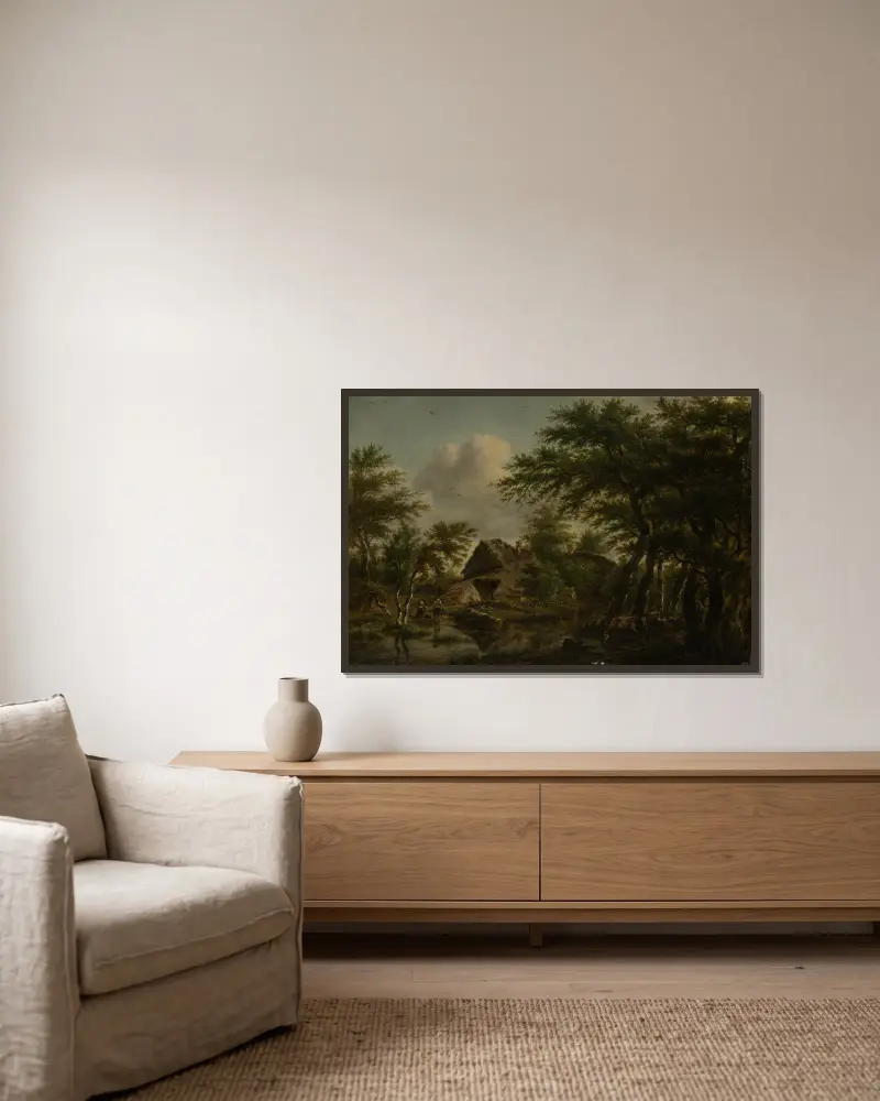 Landscape with Farm Amidst Trees av Jan Hulswit inramad på en vägg