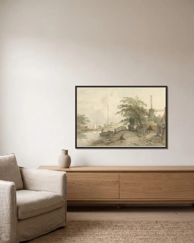 Landschaft mit Brücke und Haus an einem Weg am Wasser von Jan Hulswit gerahmt an einer Wand
