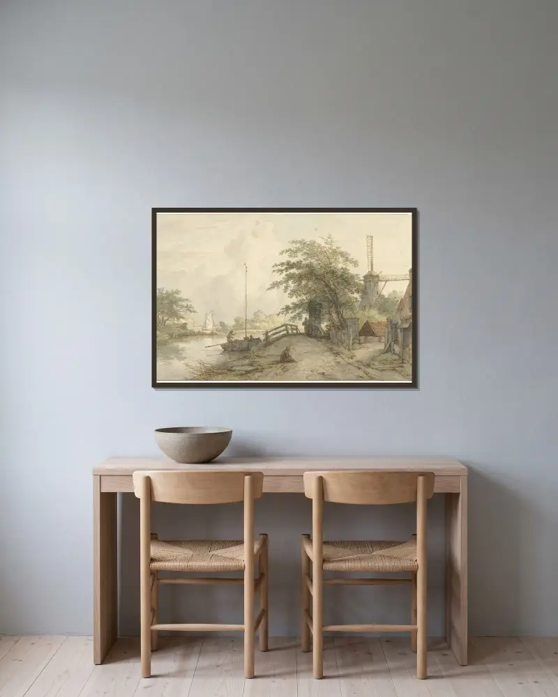 Landschaft mit Brücke und Haus an einem Weg am Wasser von Jan Hulswit gerahmt an einer Wand