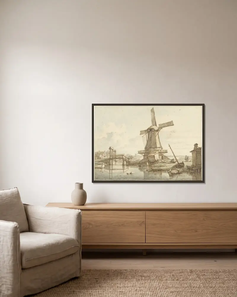 Landschap met windmolen av Jan Hulswit inramad på en vägg