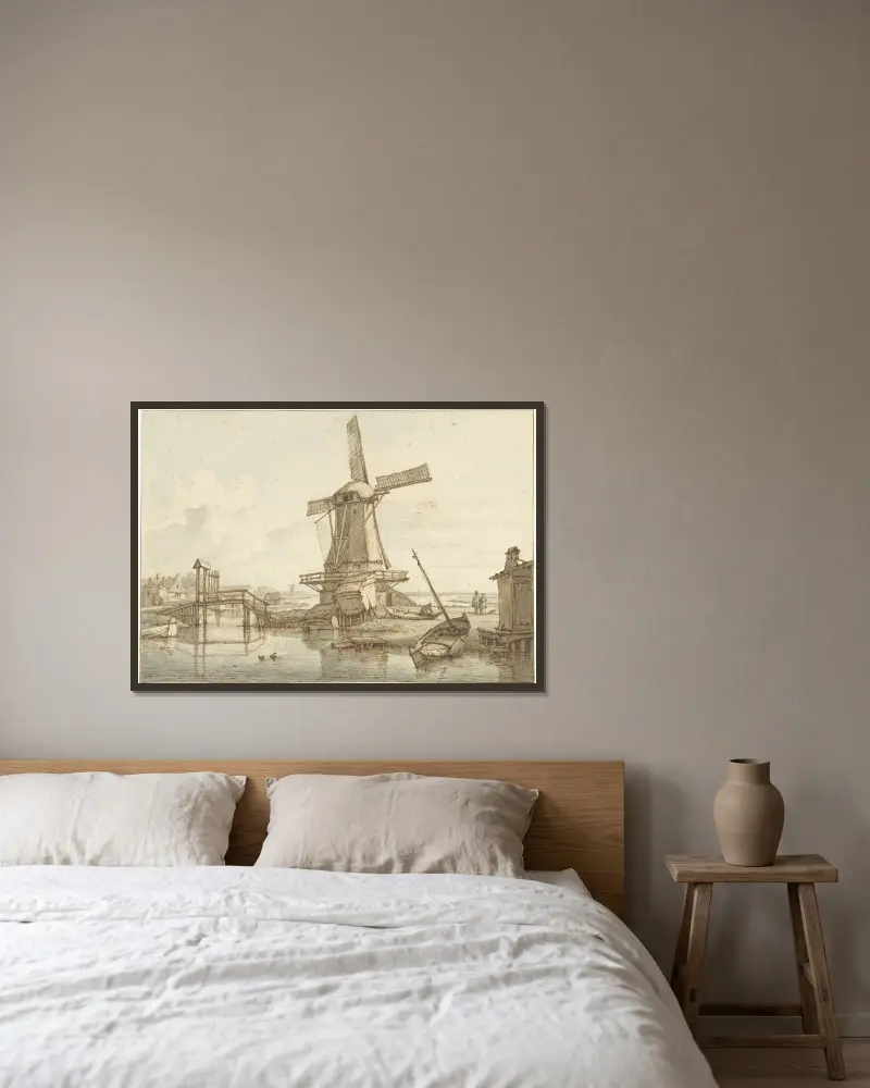 Landschap met windmolen av Jan Hulswit inramad på en vägg