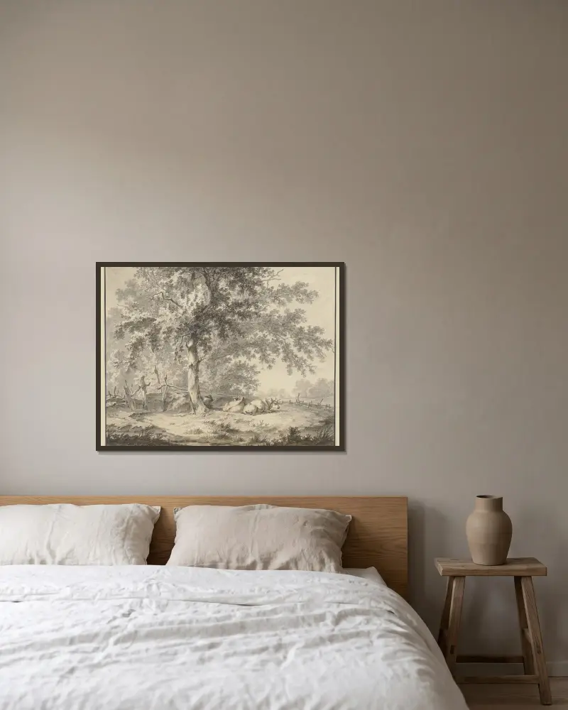 Under en ek vid ett staket en herde med två kor av Jan Hulswit inramad på en vägg