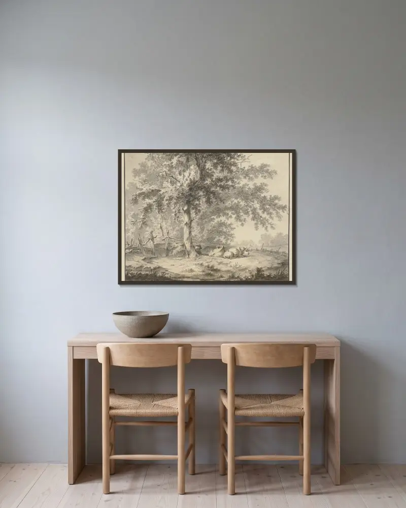 Under en ek vid ett staket en herde med två kor av Jan Hulswit inramad på en vägg