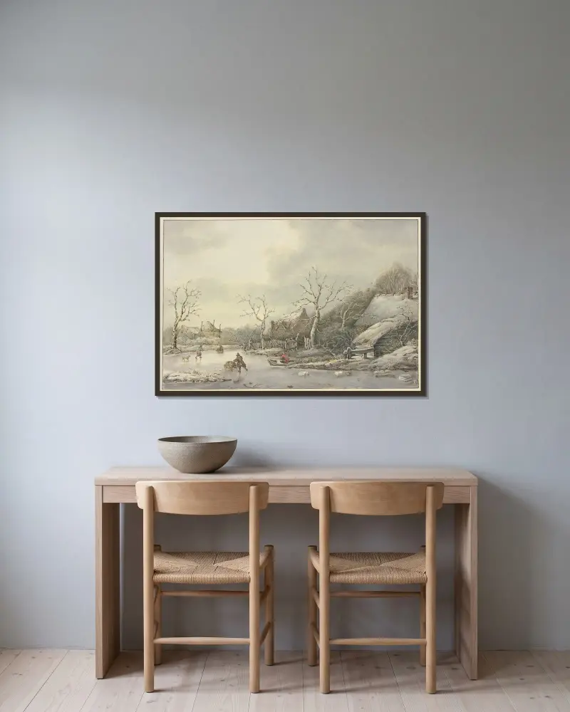 Vinterlandskap med skridskoåkare på en kanal av Jan Hulswit inramad på en vägg