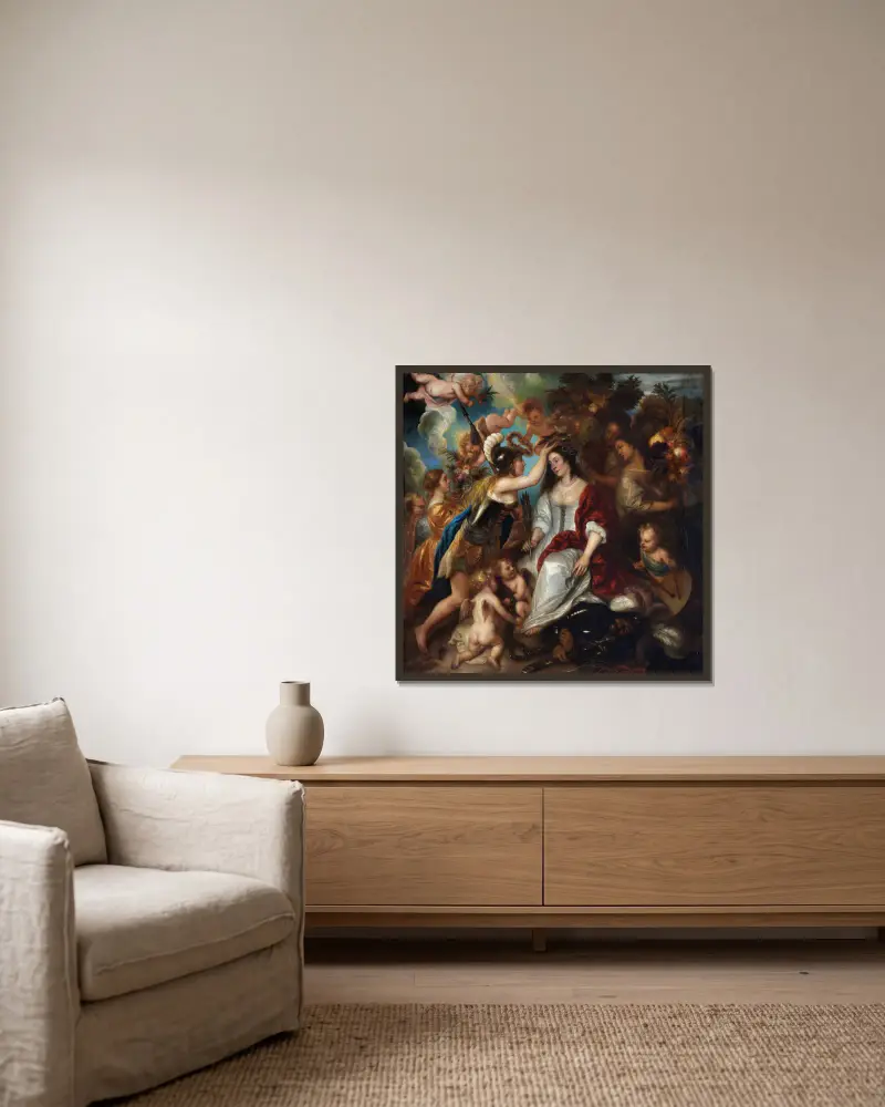 Allegory of Peace av Jan Lievens inramad på en vägg