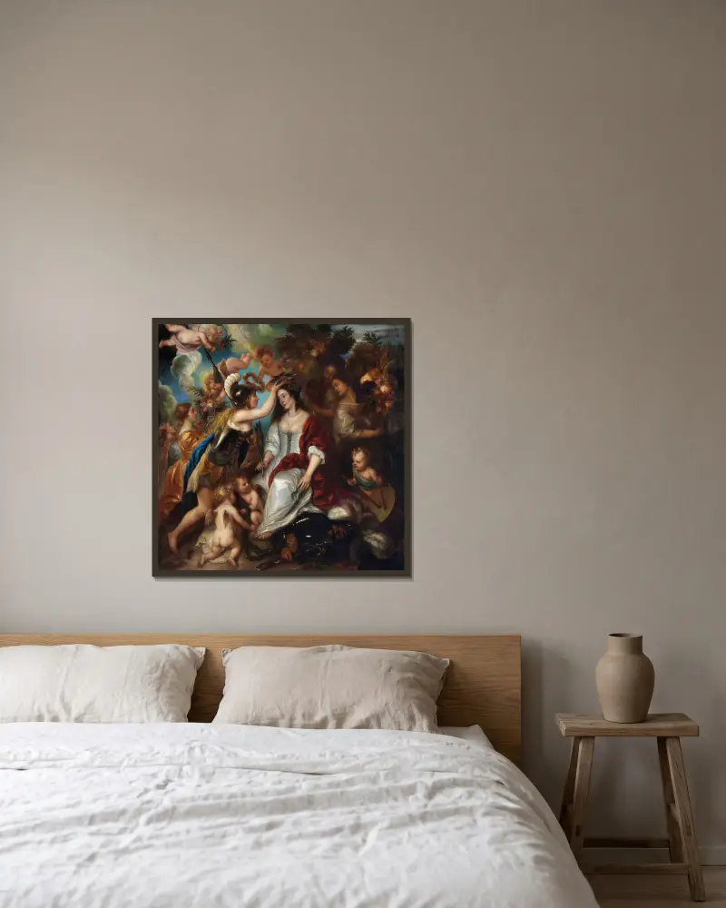 Allegory of Peace av Jan Lievens inramad på en vägg