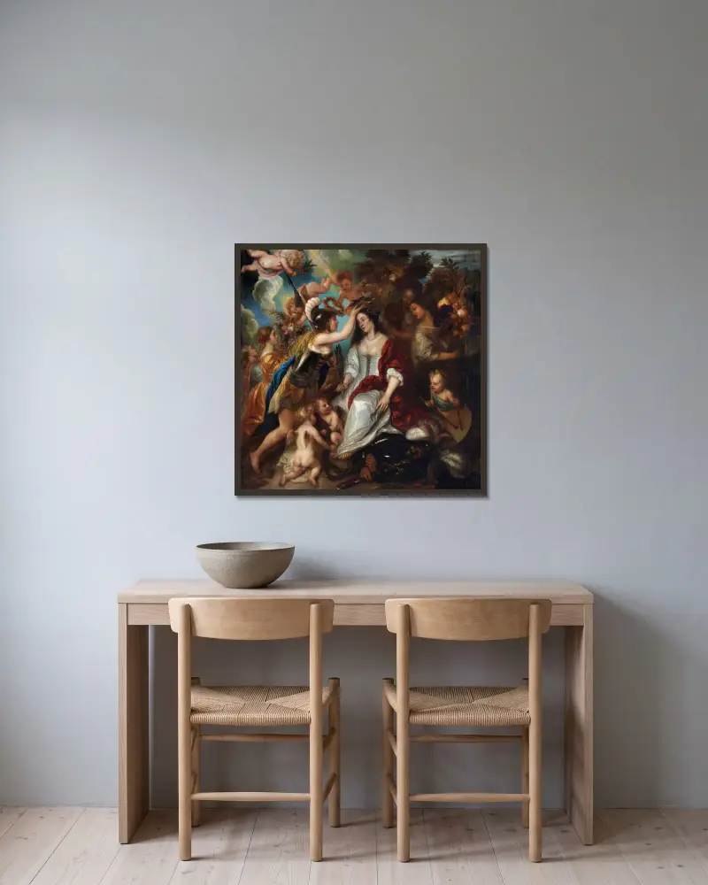 Allegory of Peace av Jan Lievens inramad på en vägg