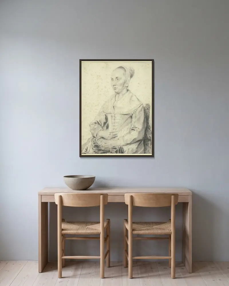 Porträtt av en dam sittande i en fåtölj, vänd åt vänster av Jan Lievens inramad på en vägg
