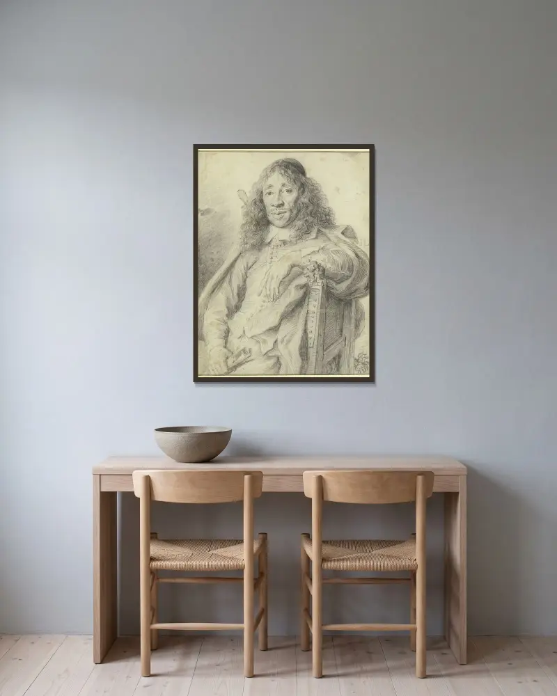 Poeten Jan Vos sittande i en fåtölj, vänd mot vänster av Jan Lievens inramad på en vägg