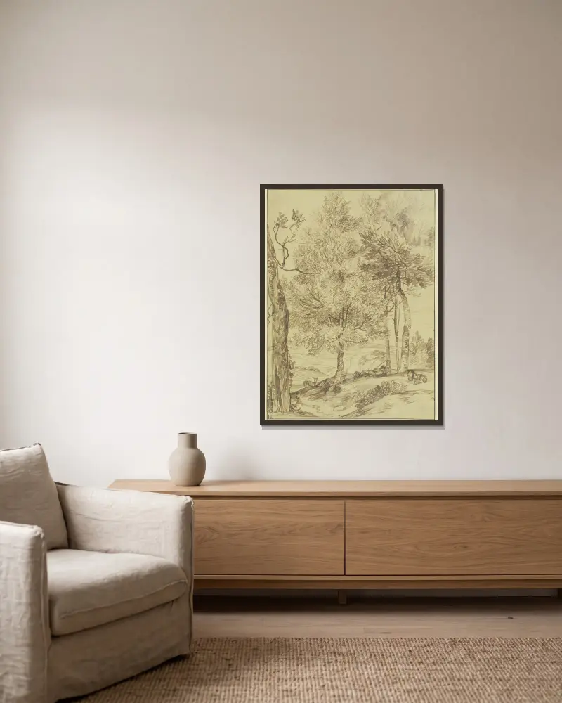 Ein Schäfer auf einem Hügel unter Bäumen liegend von Jan Lievens gerahmt an einer Wand