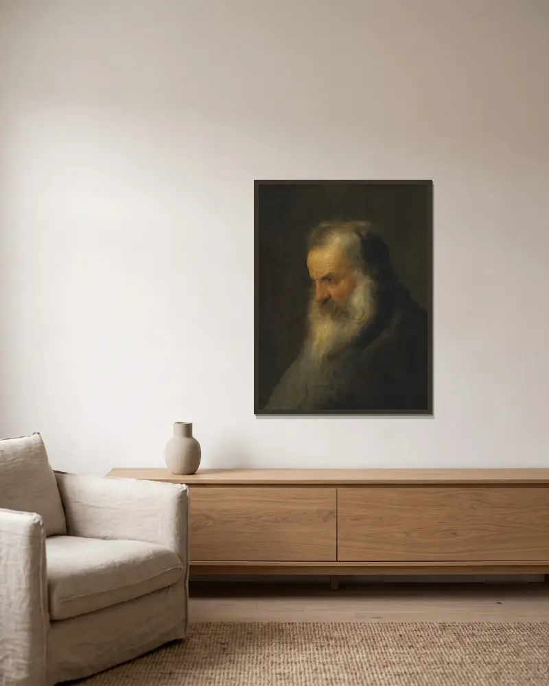 Head of a bearded man av Jan Lievens inramad på en vägg