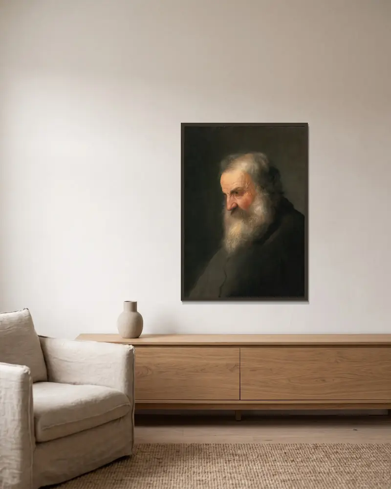 Kopf eines alten Mannes von Jan Lievens gerahmt an einer Wand