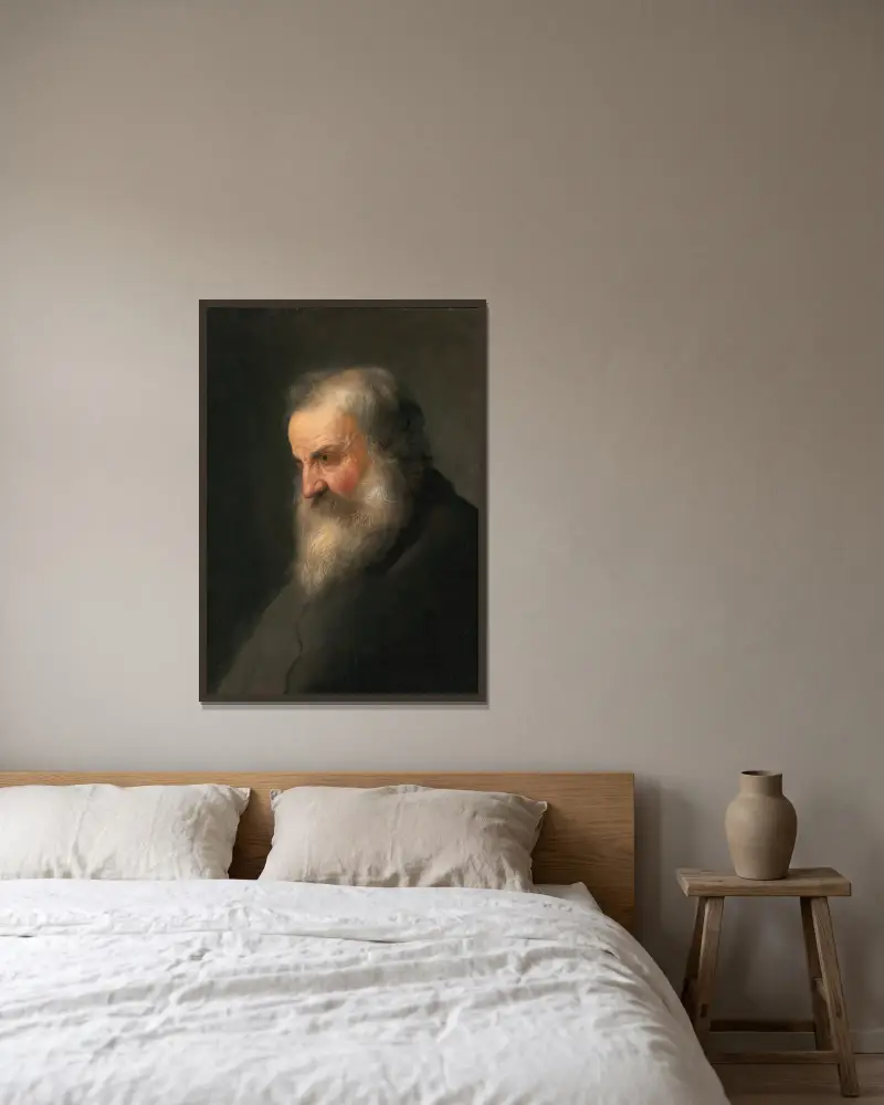 Kopf eines alten Mannes von Jan Lievens gerahmt an einer Wand