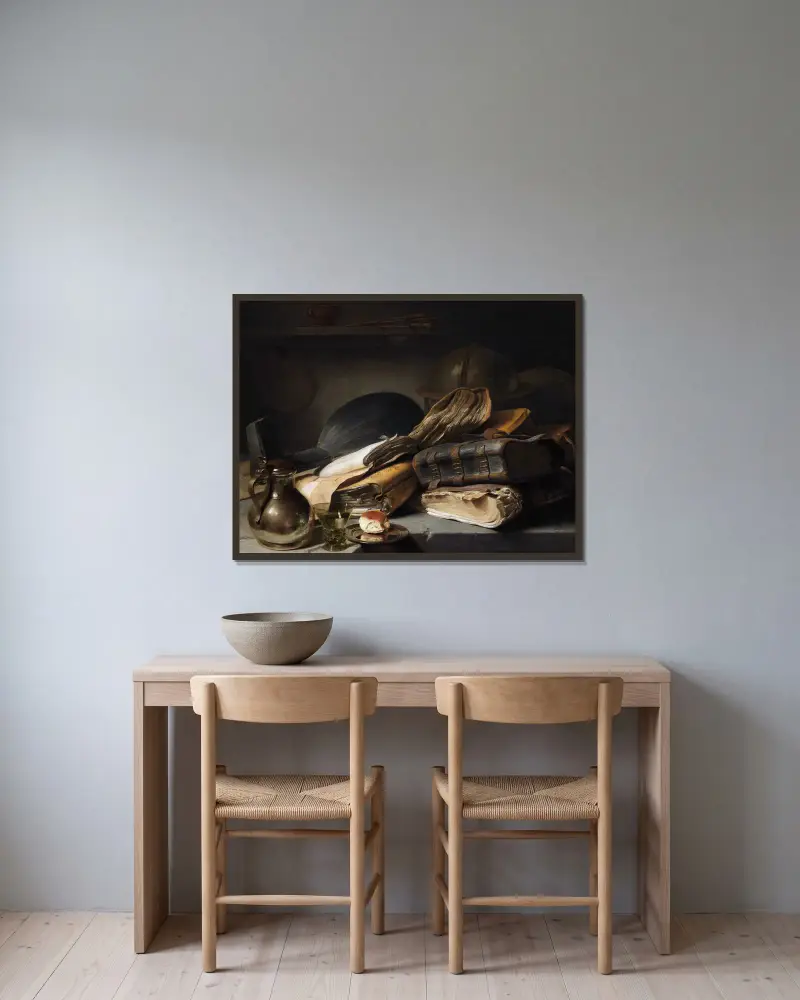 Still Life with Books av Jan Lievens inramad på en vägg