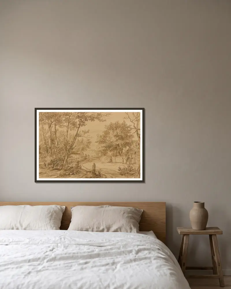 Vy över en stig i Haags skog, med tiggare vid en stugas dörr av Jan Lievens inramad på en vägg
