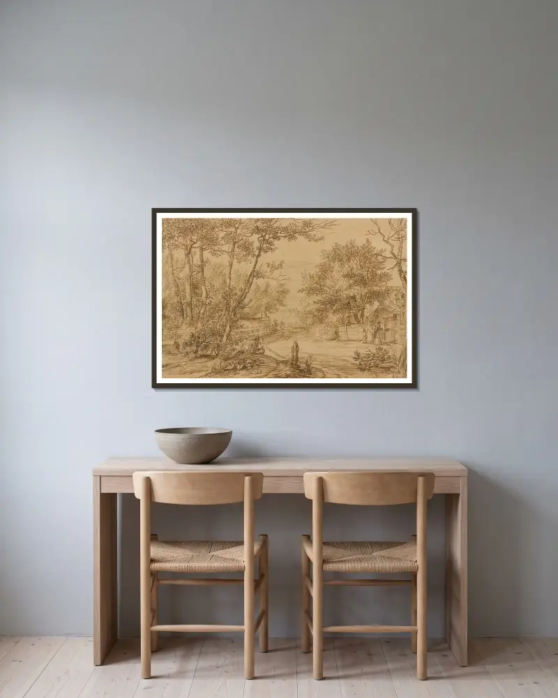 Vy över en stig i Haags skog, med tiggare vid en stugas dörr av Jan Lievens inramad på en vägg