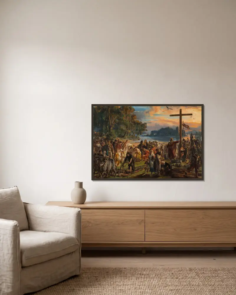 Kristendomens införande i Polen, 965 e.Kr., ur serien ”Polens civilisation” av Jan Matejko inramad på en vägg