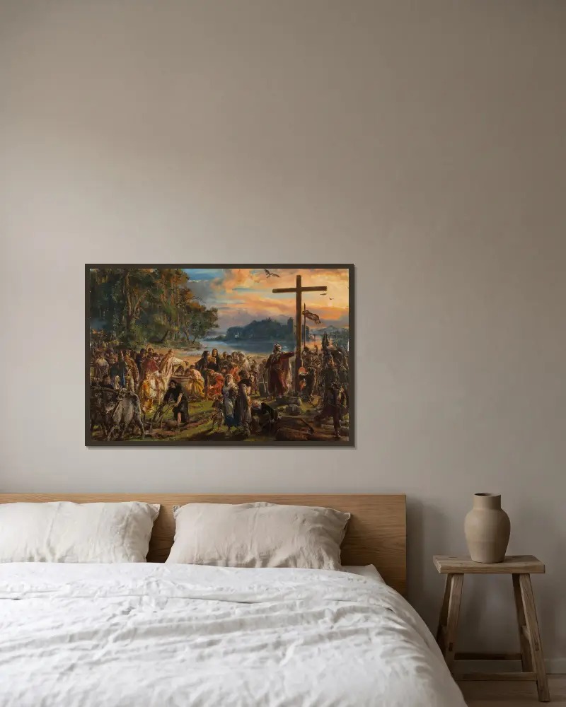 Kristendomens införande i Polen, 965 e.Kr., ur serien ”Polens civilisation” av Jan Matejko inramad på en vägg