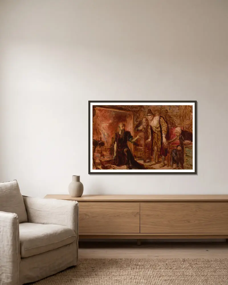 Der Alchemist Sendivogius und Sigismund III., Skizze von Jan Matejko gerahmt an einer Wand